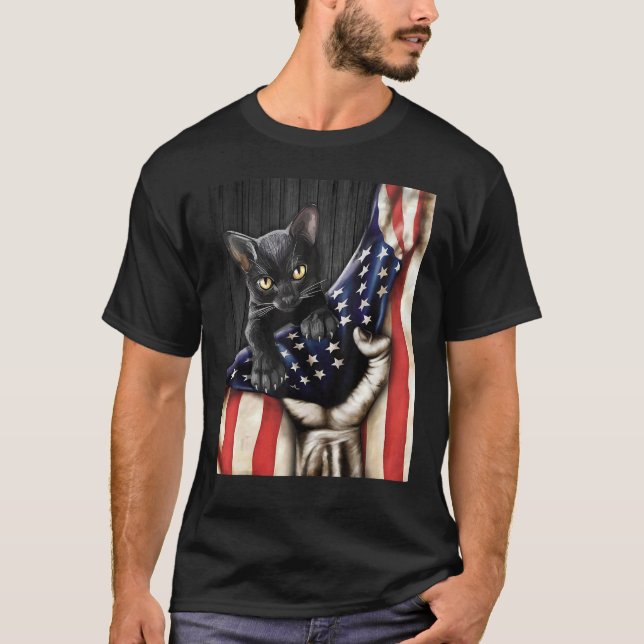 Cat Inside American Flag Patriotic Tee (Front)