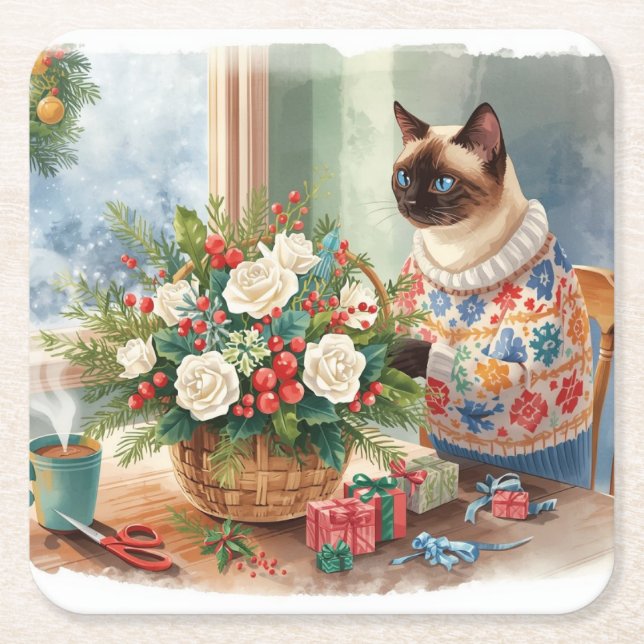 Cat is arranging Christmas Flowers Square Paper Coaster (Front)