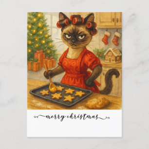 Cat is cooking Christmas Cookie for Siamese Cat Holiday Postcard