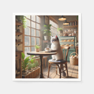 Cat is drinking coffee in cafe napkin