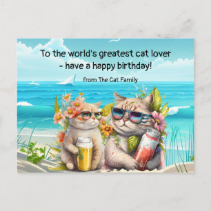 Cat is drinking  on the beach Birthday  Postcard