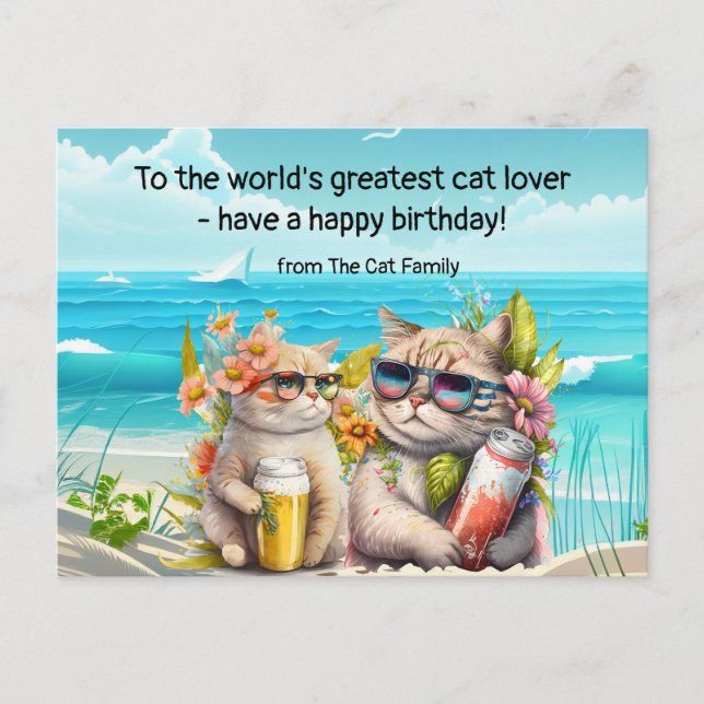 Cat is drinking  on the beach Birthday  Postcard (Front)