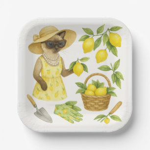 Cat is gardening in Beautiful Lemon garden Paper Plate