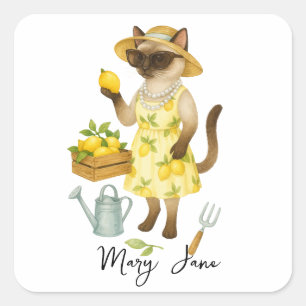 Cat  is gardening yellow lemon  square sticker