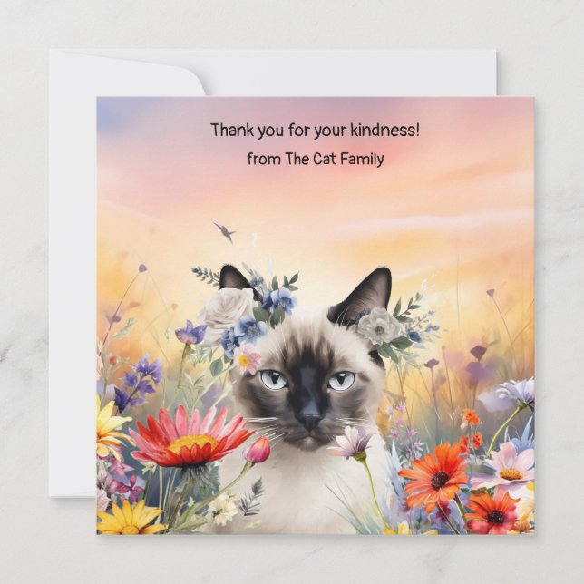 Cat is in flower field  thank you card (Front)