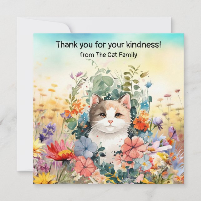 Cat is in flower field  thank you card (Front)