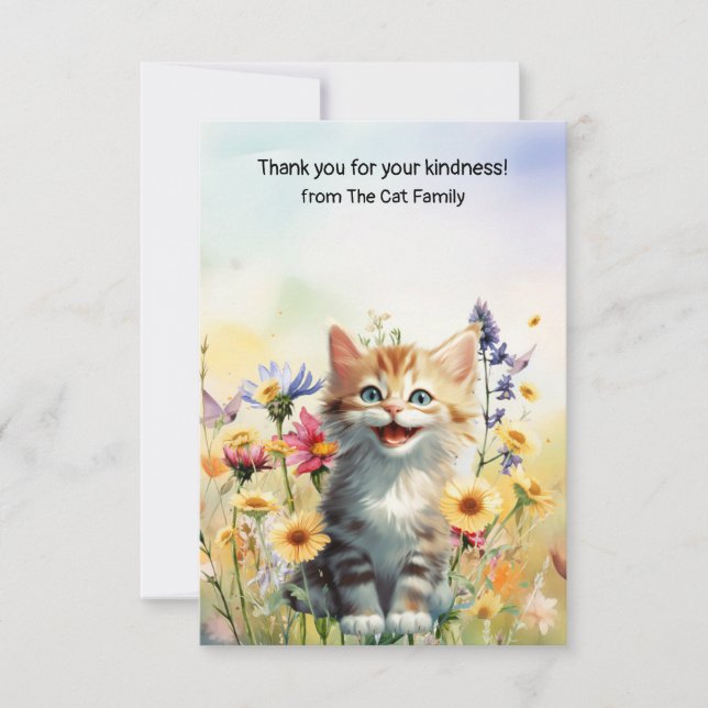 Cat is in flower field  thank you card (Front)