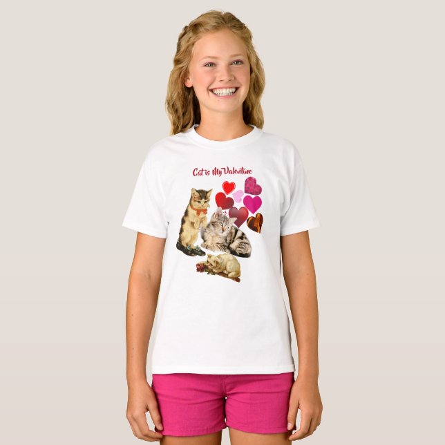 Cat is My Valentine Sweeping Heart Elegant Girls  T-Shirt (Front Full)