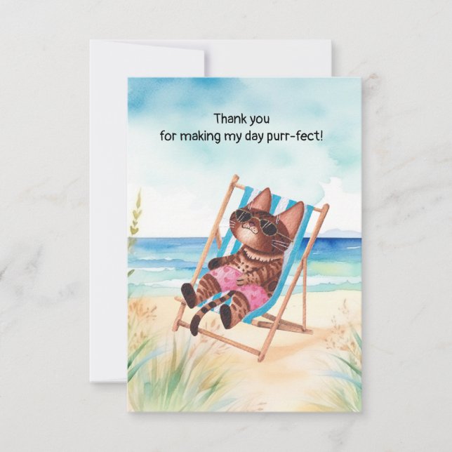 Cat is on the beach thank you card (Front)
