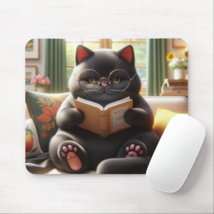 Cat is reading a book on sofa mouse mat