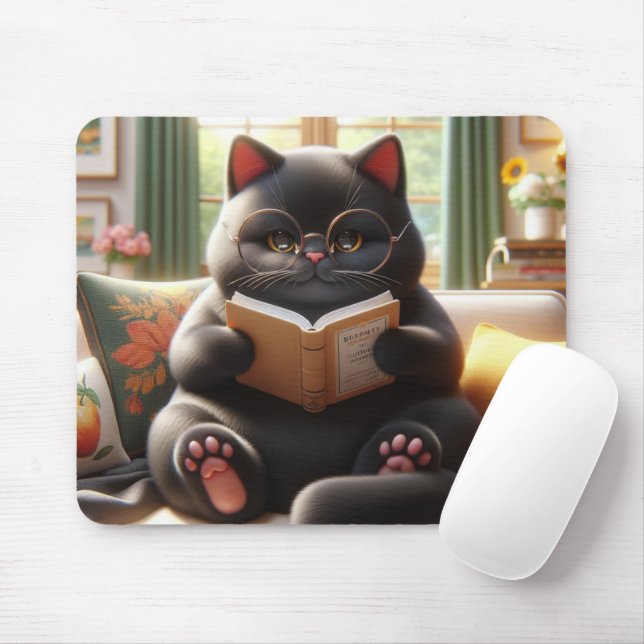 Cat is reading a book on sofa mouse mat (With Mouse)