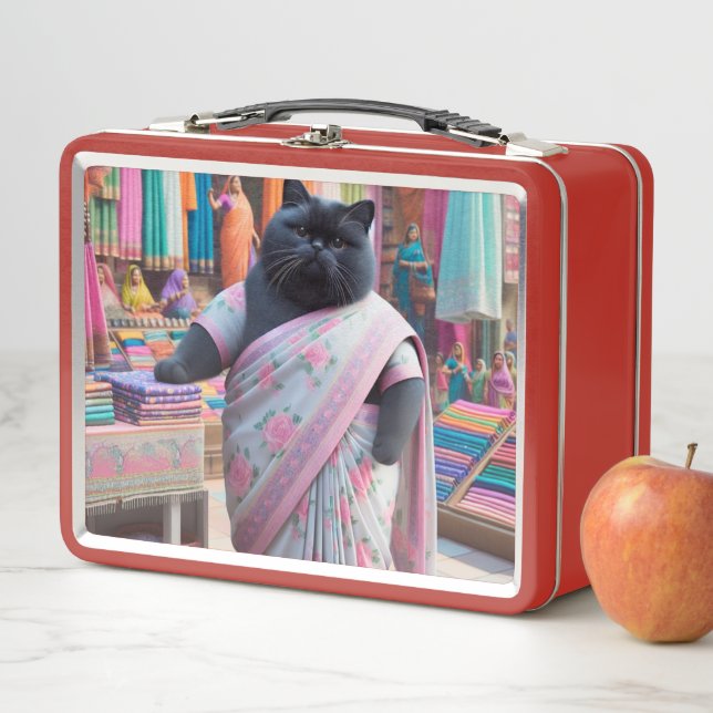 Cat is selling clothes in an Indian market Metal Lunch Box (In Situ)