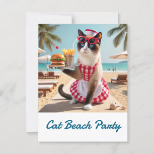 Cat is serving hamburger for beach party postcard