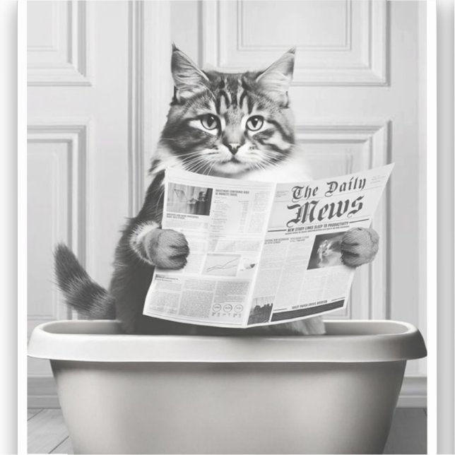 Cat is sitting on the Toilet, cat reading a news (Front)