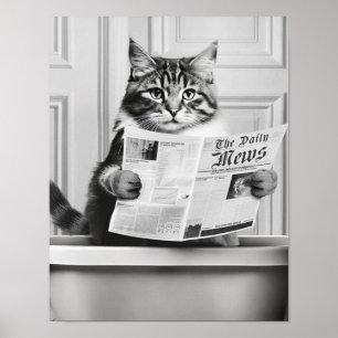 Cat is sitting on the Toilet, cat reading a news Poster