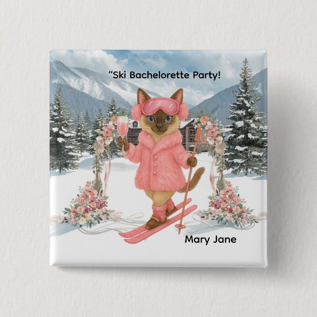 Cat is skiing in Pink outfit Bachelorette Party  15 Cm Square Badge (Front)