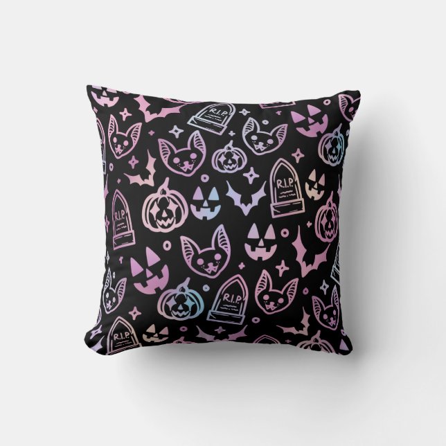 Cat Jack O'Lantern Bat Halloween Black Decor Cushion (Front)