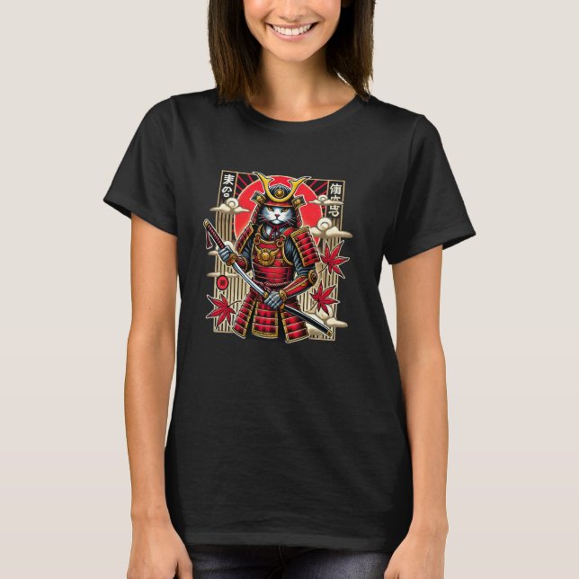 Cat Japanese Samurai Art T-Shirt (Front)