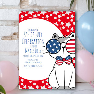 Cat July 4th  Stars and Dots Red  Invitation
