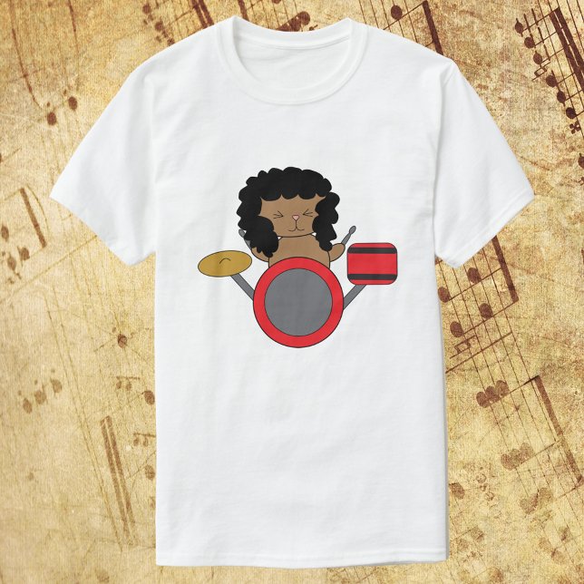 Cat Kawaii Drummer Metal Hair Band T-Shirt (A fun shirt with a kawaii cat playing drums while dressed like a metal hair band rocker!)