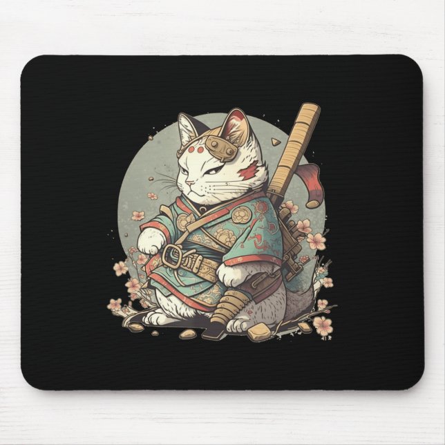 Cat Kawaii Style Samurai Anime Kitten Japanese  Mouse Mat (Front)