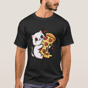 Cat Kawaii White Hugging Pizza Heart Pepperoni Foo T-Shirt