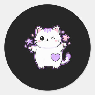 Cat Kawaii Winking Cat Magical Star Wand, Cute Cat Classic Round Sticker