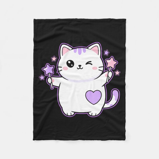 Cat Kawaii Winking Cat Magical Star Wand, Cute Cat Fleece Blanket (Front)