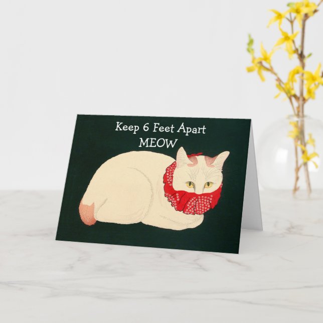 Cat Keeping 6 Feet Apart Card (Yellow Flower)