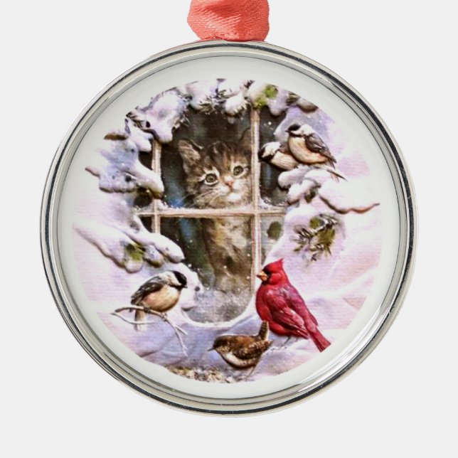 Cat Kitten Birds Snow Family Metal Tree Decoration (Front)