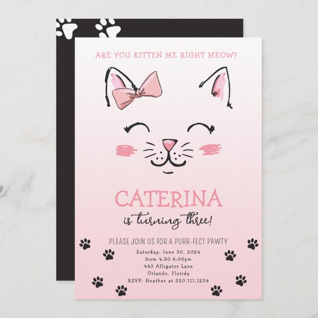 Cat Kitten Birthday Party Invite (Front/Back)