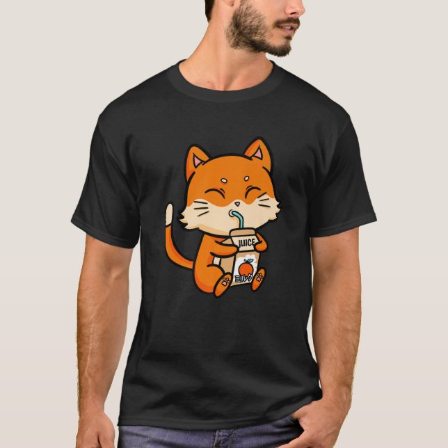 Cat Kitten Drinking Juice Orange Anime Manga Kawai T-Shirt (Front)