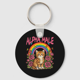 Cat Kitten Flowers Rainbow Alpha Male Funny Meme Key Ring