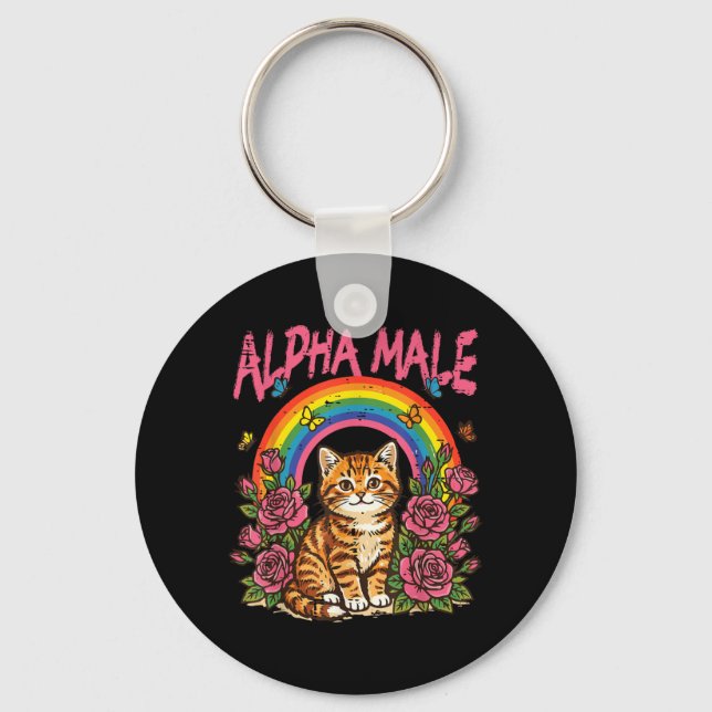 Cat Kitten Flowers Rainbow Alpha Male Funny Meme Key Ring (Front)