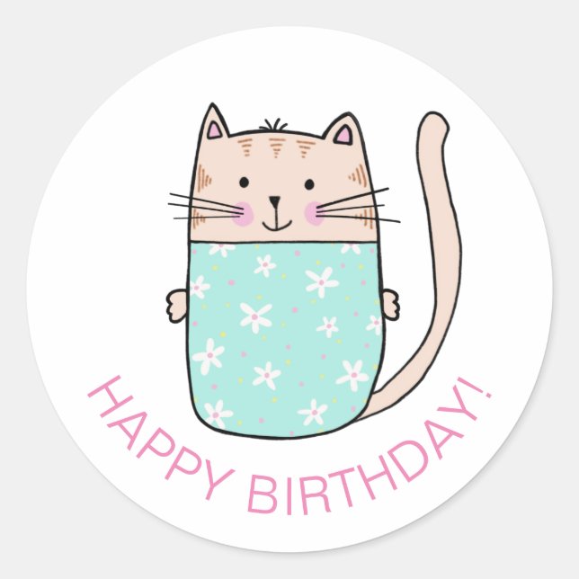 Cat Kitten Happy Birthday Classic Round Sticker (Front)