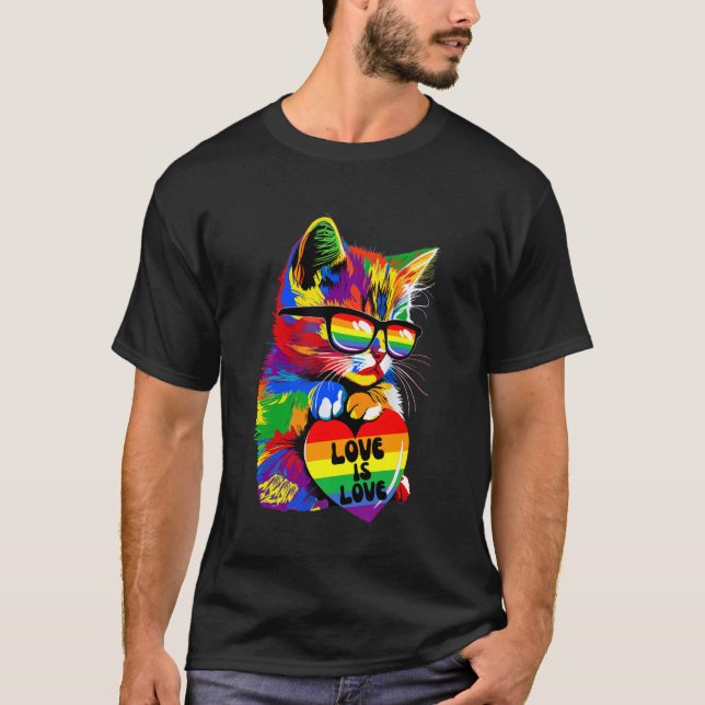 Cat Kitten Heart Rainbow Love Is Love LGBT Gay Les T-Shirt (Front)