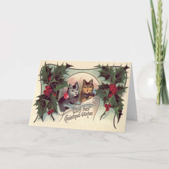 Cat Kitten Holly Holiday Card (Front)