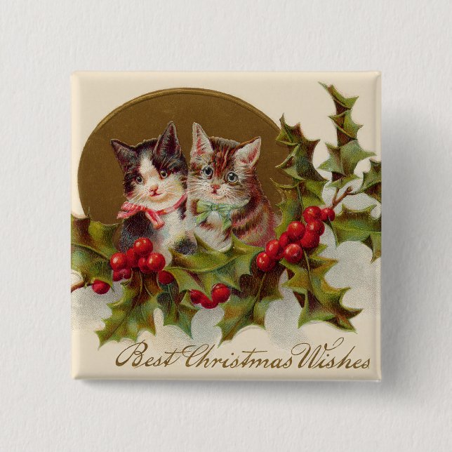 Cat Kitten Holly Winterberry 15 Cm Square Badge (Front)