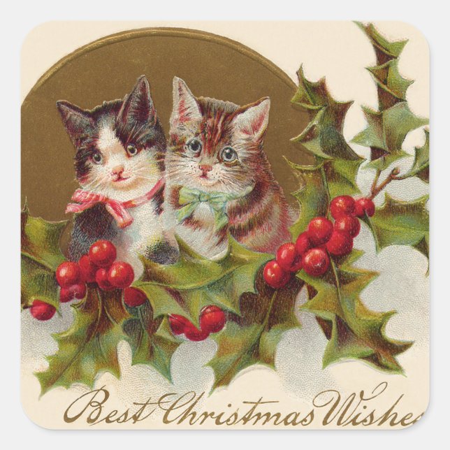 Cat Kitten Holly Winterberry Square Sticker (Front)