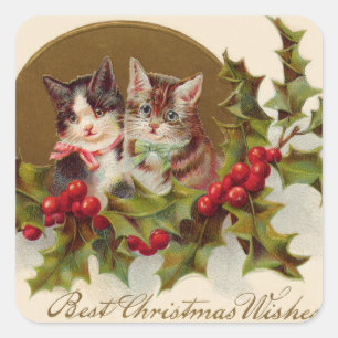 Cat Kitten Holly Winterberry Square Sticker