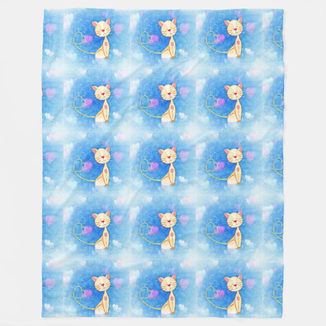 cat kitten meow pet purr cute hearts blue fleece blanket (Front)