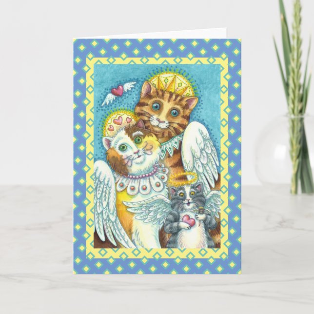 CAT, KITTEN & MOUSE ANGELS IN HEAVEN, HALOS Blank Card (Front)