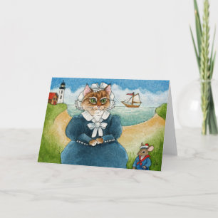 Cat, kitten, mouse, lighthouse, folk art Card