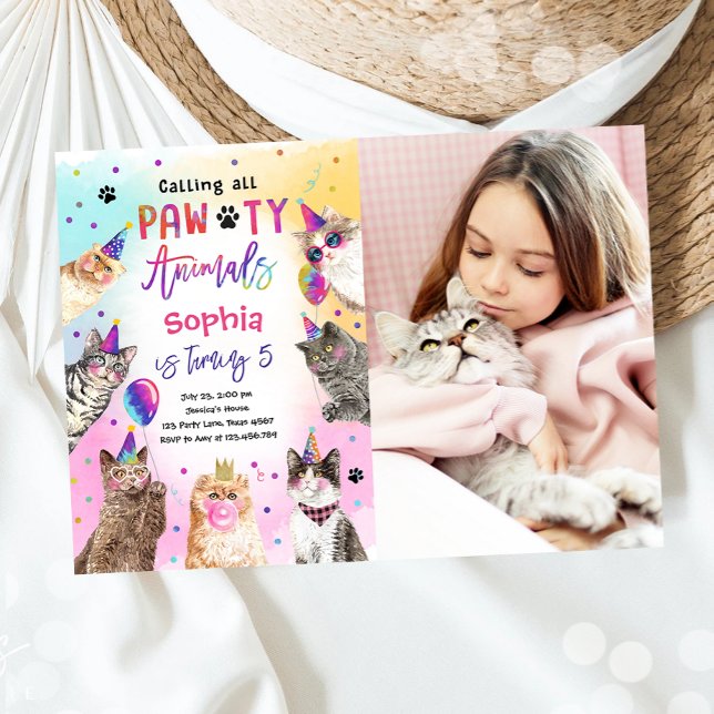 Cat Kitten Party Pawty Animals Girl Birthday Invitation (Creator Uploaded)