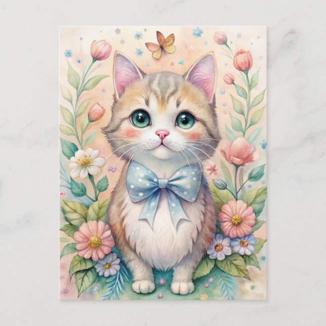 Cat Kitten Pastel Bow Wildflowers  Postcard (Front)