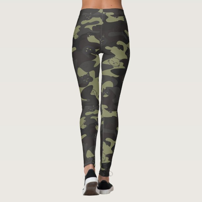 Cat Kitten Paw Camouflage Grey Olive Camo Pattern Leggings (Back)