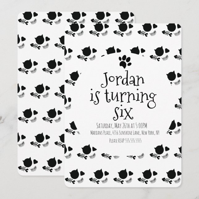Cat Kitten Pet Paw Black White Birthday Party Invitation (Front/Back)
