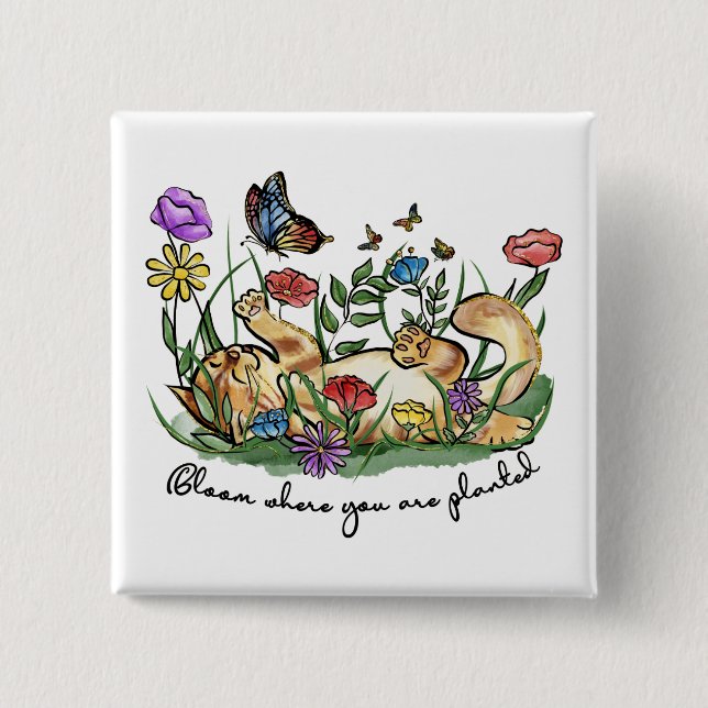 Cat kitten playing garden butterfly flowers bloom 15 cm square badge (Front)