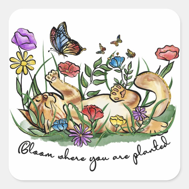 Cat kitten playing garden butterfly flowers bloom  square sticker (Front)