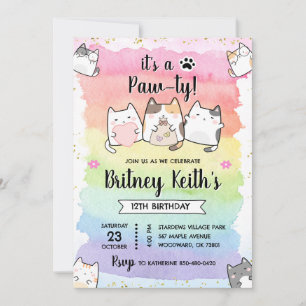 Cat Kitten Rainbow Birthday Boy Girl Invitation